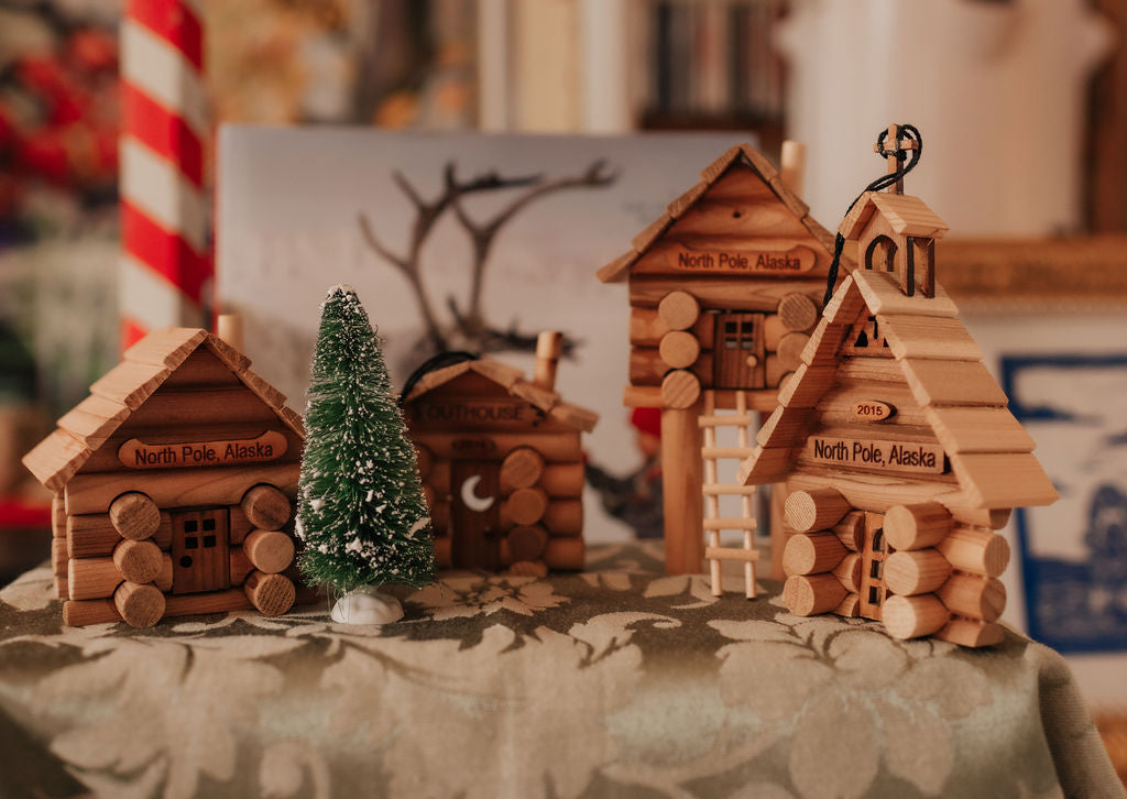 Log cabin Christmas Ornament kits for little ones to assemble, made from sustainable wood and a wonderful stocking stuffer or just for fun. Available from PamelaSueArtandDesigns.com - Alaska