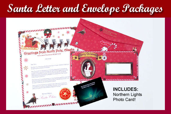 Ready to Send - Santa Letter and Envelopes are available in packs of 5, 10 or 25 letters. Letters are printed on our colorful, custom stationery design and includes our official North Pole seal, our colorful North Pole envelope and a mini Northern Lights photo card. Ships direct from PamelaSueArtandDesigns.com - North Pole, Alaska.