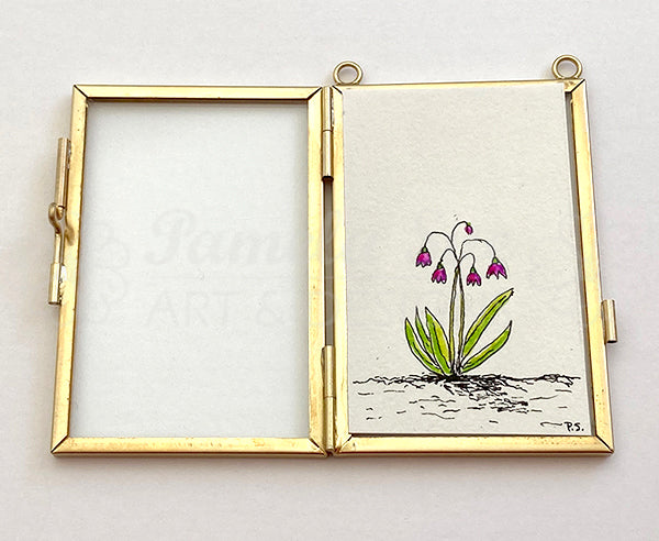 Framed mini Alpine Bells botanical art prints are hand drawn and illustrated by Alaskan artist, Pamela Sue. Decorative wall art with floral illustration and gold chain or ribbon. View all choices at PamelaSueArtandDesigns.com