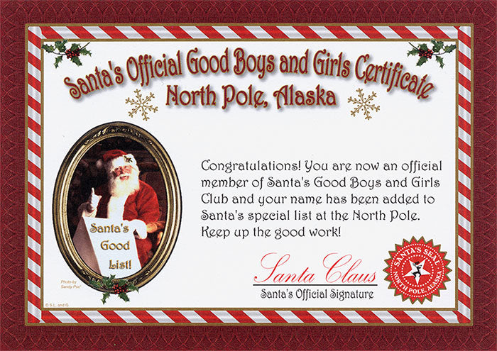 Good Boy & Girls Certificate from North Pole, Alaska. Available from Pamela Sue Art & Designs (formerly Santa's Letters and Gifts) in North Pole, Alaska.