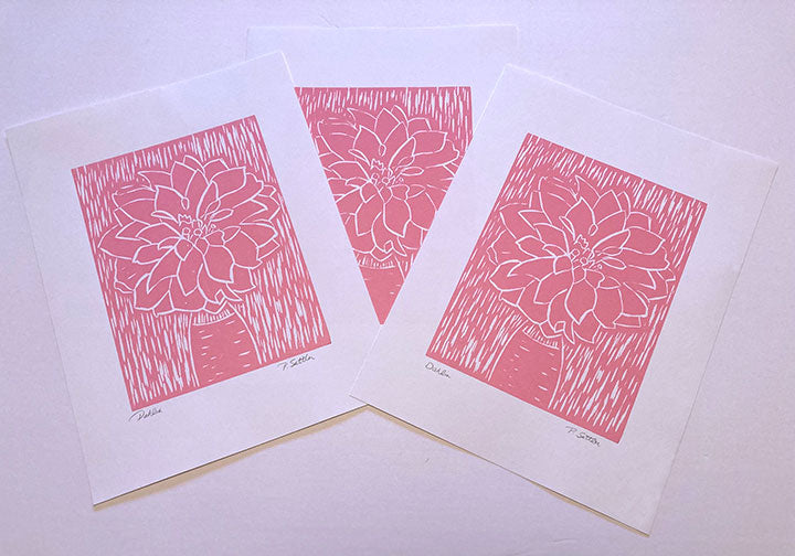 Dahlia woodcut relief prints are hand printed from a carved wood block by Alaskan artist, Pamela Sue. Enjoy this original piece of art. Available from PamelaSueArtandDesigns.com