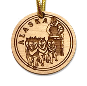 Dog musher birch ornament. Size 2 x 2 x 3/16. Birch ornament made in Alaska.