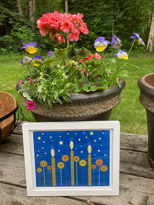 Colorful "Winter Hygge" print with ice blue background (8" x 10") designed by Alaskan artist, Pamela Sue. Available in blue or maroon at PamelaSueArtandDesigns.com.