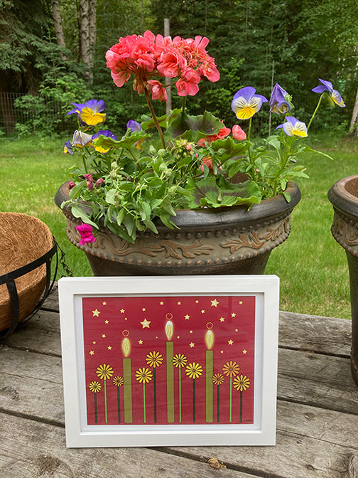 Beautiful "Winter Hygge" print with maroon background (8" x 10") designed by Alaskan artist, Pamela Sue. Available in blue or maroon at PamelaSueArtandDesigns.com