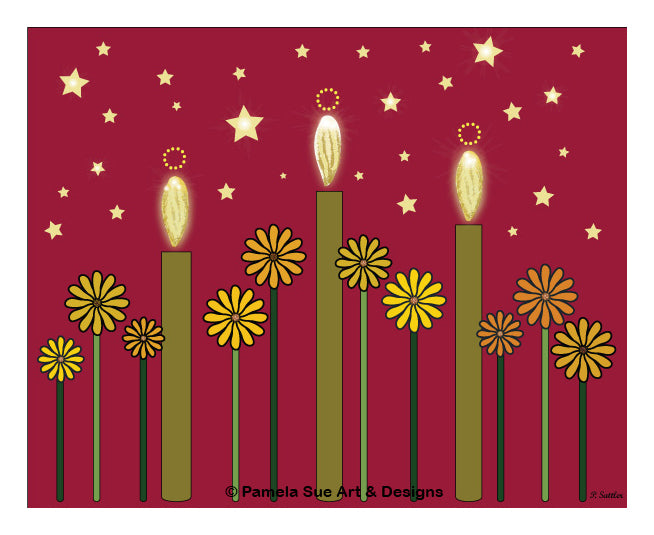 Beautiful "Winter Hygge" print with maroon background (8" x 10") designed by Alaskan artist, Pamela Sue. Available in blue or maroon at PamelaSueArtandDesigns.com.