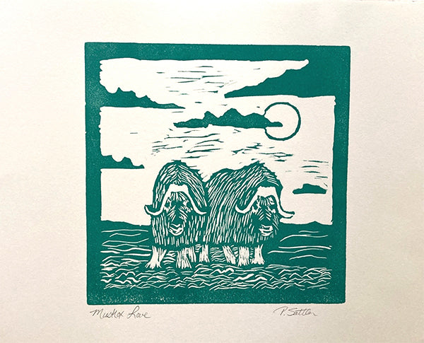 Woodcut-style illustration of two musk oxen in a landscape with a moon and mountains. Turquoise relief prints are hand pressed by Alaskan artist, Pamela Sue and available at PamelaSueArtandDesigns.com