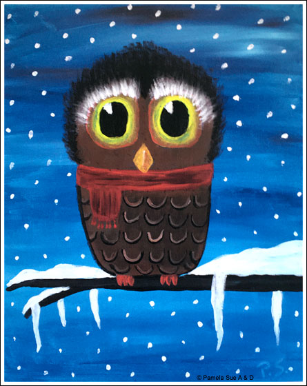Painting of an owl wearing a red scarf on a snowy branch with a blue background, 8x10. May also be available in 12x18 upon request. Original artwork done by Pamela Sue and available from PamelaSueArtandDesigns.com - Alaska.