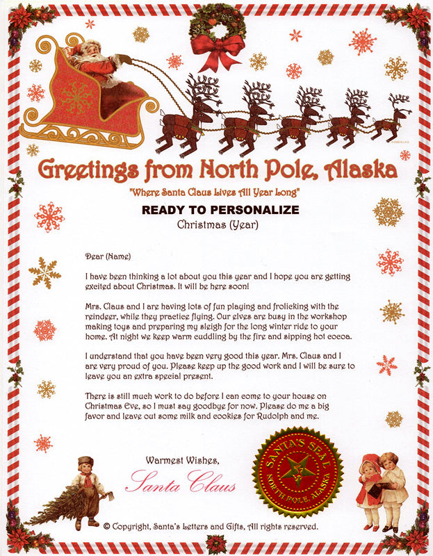 Ready to Send Santa Letters - Just personalize and send to your loved ones. Santa Letter features our colorful custom stationery and North Pole, Alaska foil seal, designed by Alaskan Artist, Pamela Sue. Note: Copyright line will not be on actual letters. Purchase Santa Letter packs for holiday gift giving from PamelaSueArtandDesigns.com in North Pole, Alaska. Sending smiles from Alaska since 2002!