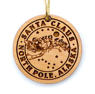 Santa's Sleigh birch ornament. Size 2 x 2 x 3/16. Birch ornament made in Alaska.