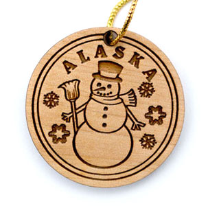 Snowman birch ornament. Size 2 x 2 x 3/16. Birch ornament made in Alaska.