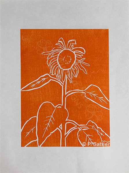 Sunflower woodcut relief print. Hand printed by Alaskan artist, Pamela Sue. An original piece of art. Available from PamelaSueArtandDesigns.com Note: Copyright line will not be on print.