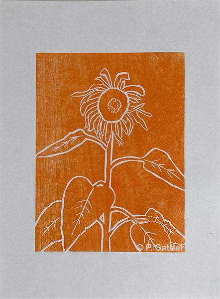 Sunflower woodcut relief print - light orange. Hand printed by Alaskan artist, Pamela Sue. An original piece of art. Available from PamelaSueArtandDesigns.com Note: Copyright line will not be on print.