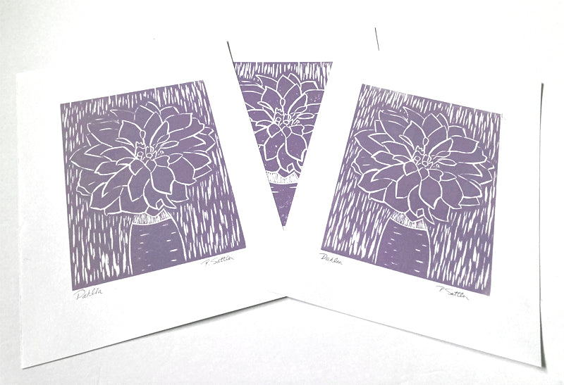 Dahlia woodcut relief prints are hand printed from a carved wood block by Alaskan artist, Pamela Sue. Enjoy this original piece of art. Available from PamelaSueArtandDesigns.com