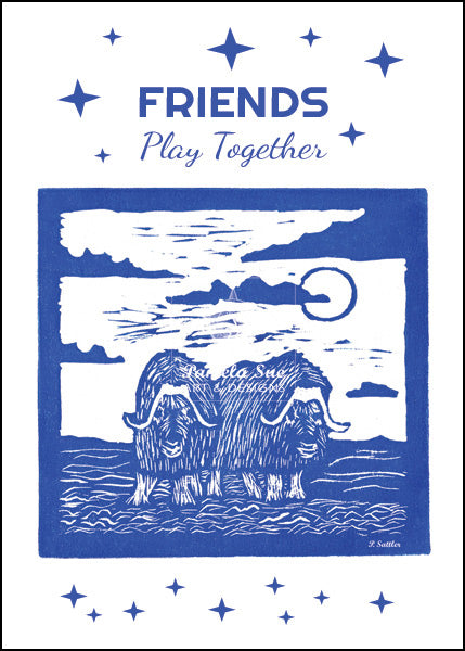 Blue Muskox greeting card with sweet message! Original artwork done by Pamela Sue with her hand-carved block. Choose from "single" greeting cards, packs of 3 greeting cards (1 of each color), or packs of 6 greeting cards (2 of each color). Available from PamelaSueArtandDesigns.com - Alaska.