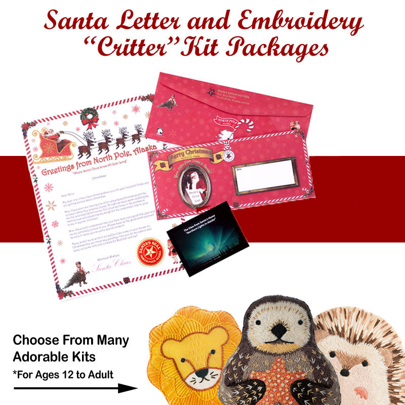 Package includes a sweet Embroidery “Alligator” Kit, personalized letter from Santa printed on our custom stationery with your child or loved one's name, city and state. Each letter includes Santa's official North Pole, Alaska seal and a Northern Lights photo card, enclosed in our custom North Pole envelope. Six- inch hoop NOT included. Available from Pamela Sue Art & Designs in North Pole, Alaska.