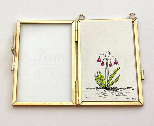 Framed mini Alpine Bells botanical art prints are hand drawn and illustrated by Alaskan artist, Pamela Sue. Decorative wall art with floral illustration and gold chain or ribbon. View all choices at PamelaSueArtandDesigns.com