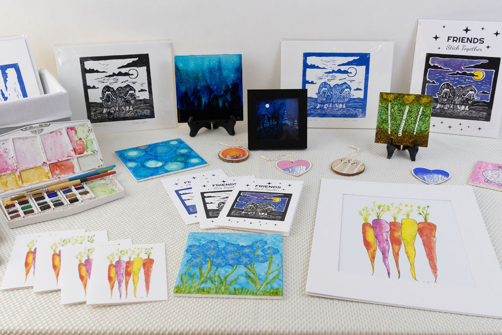 Custom artwork by Alaskan Artist, Pamela Sue from Pamela Sue Art & Designs. Shop for watercolor prints and cards, block relief print prints and cards, stylish tote bags with Pamela Sue's beautiful artwork, hand painted art tiles and more. 