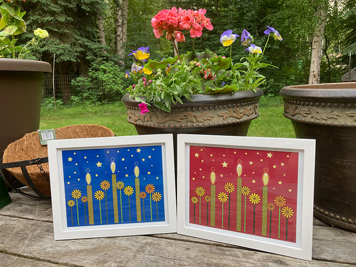 Beautiful "Winter Hygge" print with ice blue or mulled wine background (8" x 10") designed by Alaskan artist, Pamela Sue. Available in blue or maroon at PamelaSueArtandDesigns.com.