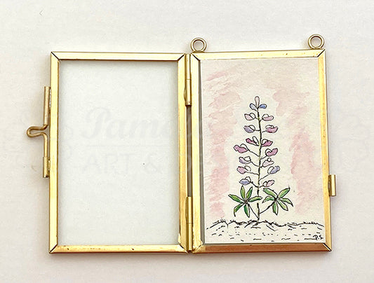 Framed mini Lupine botanical art prints are hand drawn and illustrated by Alaskan artist, Pamela Sue. Lovely, original wall art with floral illustration and gold chain or ribbon. View all choices at PamelaSueArtandDesigns.com