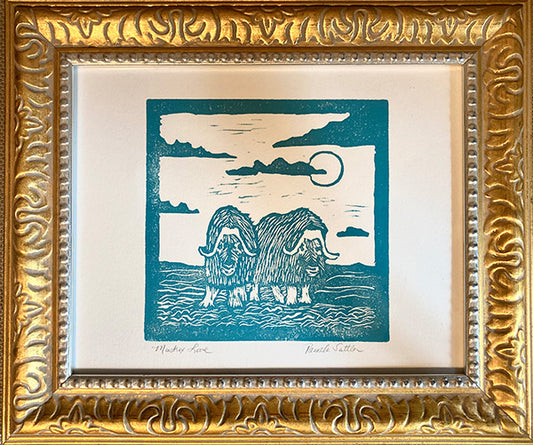 Framed turquoise Muskox print, hand-pressed by Alaskan artist, Pamela Sue. Frame not included with orders.  Available from PamelaSueArtandDesigns.com - Alaska.