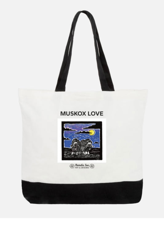 Our Muskox Love tote bag is the perfect accessory to brighten your day and keep you organized. Made of 100% cotton canvas and designed by Alaskan artist, Pamela Sue, of Pamela Sue Art & Designs.