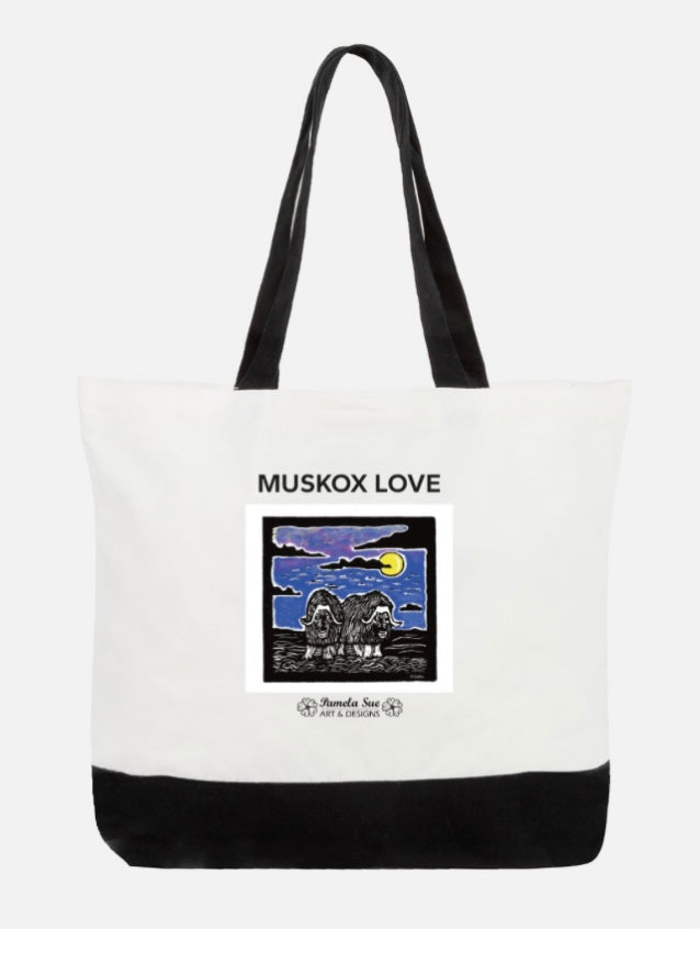 Our large Muskox Love tote bag is the perfect accessory to brighten your day and keep you organized. Made of 100% cotton canvas and designed by Alaskan artist, Pamela Sue, of Pamela Sue Art & Designs. *Note: Our website, PamelaSueArtandDesigns.com, printed below logo.