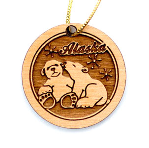 Polar Bears birch ornament. Size 2 x 2 x 3/16. Birch ornament made in Alaska. 
