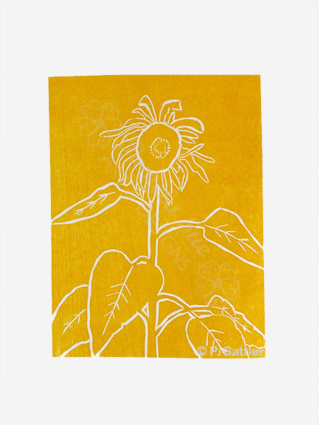 Sunflower woodcut relief print - light orange. Hand printed by Alaskan artist, Pamela Sue. An original piece of art.  Available from PamelaSueArtandDesigns.com Note: Copyright line will not be on print.
