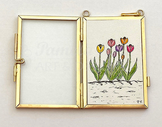 Framed mini Tulip botanical prints are hand drawn and illustrated by Alaskan artist, Pamela Sue. Lovely wall art with floral illustration and gold chain or ribbon. View all choices at PamelaSueArtandDesigns.com