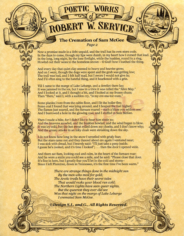 The Cremation of Sam McGee poem (page 2) by Robert Service. Poems printed on our gold rush stationery from commissioned artwork, featuring Service's cabin in Dawson, Klondike gold rush elements, and the Northern Lights swirling over the hills in Dawson, Yukon Territory. Ornate design printed with black and metallic gold ink on parchment paper. Available from PamelaSueArtandDesigns.com - Alaska.