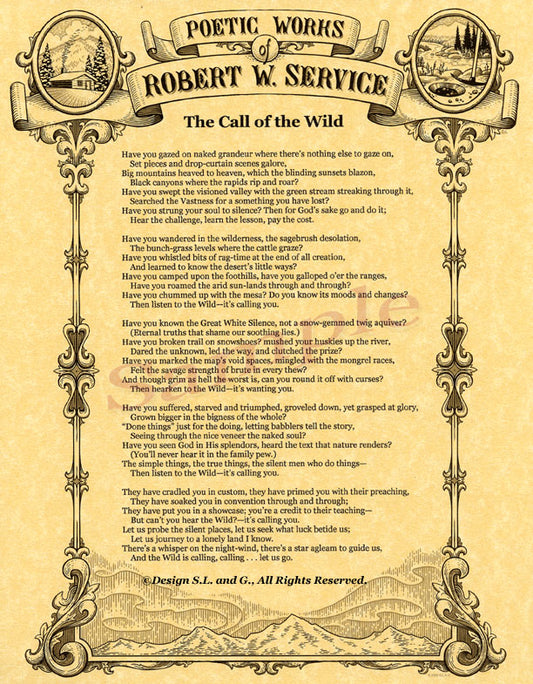 The Call of the Wild poem by Robert Service. Poems printed on our gold rush stationery from commissioned artwork, featuring Service's cabin in Dawson, Klondike gold rush elements, and the Northern Lights swirling over the hills in Dawson, Yukon Territory. Ornate design printed with black and metallic gold ink. Available from PamelaSueArtandDesigns.com - Alaska.