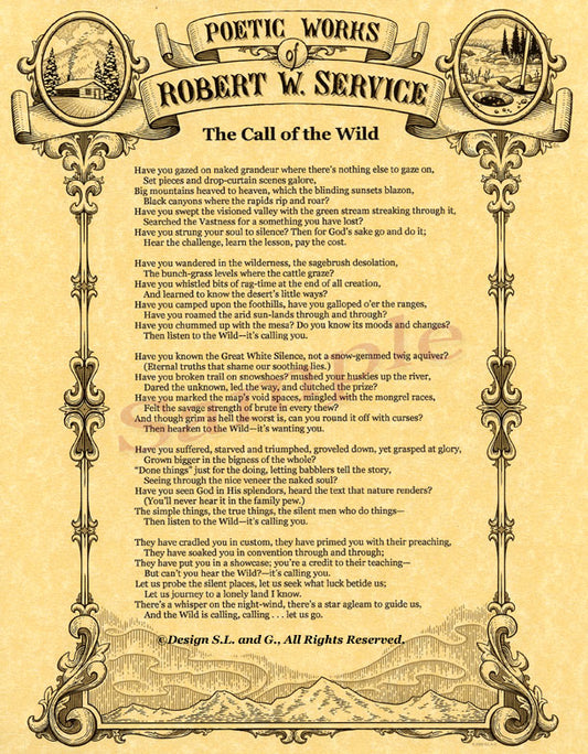 The Call of the Wild poem by Robert Service. Poems printed on our gold rush stationery from commissioned artwork, featuring Service's cabin in Dawson, Klondike gold rush elements, and the Northern Lights swirling over the hills in Dawson, Yukon Territory. Ornate design printed with black and metallic gold ink. Available from PamelaSueArtandDesigns.com - Alaska.