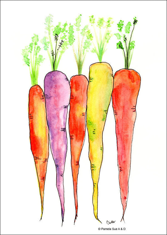 Beautiful carrot watercolor print (8" x 10") with original artwork done by Pamela Sue.  Available from PamelaSueArtandDesigns.com - Alaska.