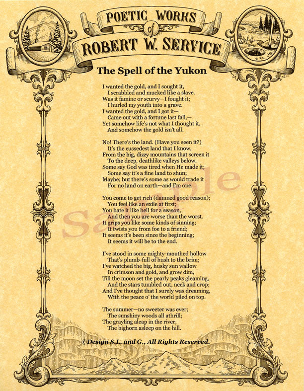 The Spell of the Yukon poem by Robert Service. Poems printed on our gold rush stationery from commissioned artwork, featuring Service's cabin in Dawson, Klondike gold rush elements, and the Northern Lights swirling over the hills in Dawson, Yukon Territory. Ornate design printed with black and metallic gold ink on parchment paper. Available from PamelaSueArtandDesigns.com - Alaska.