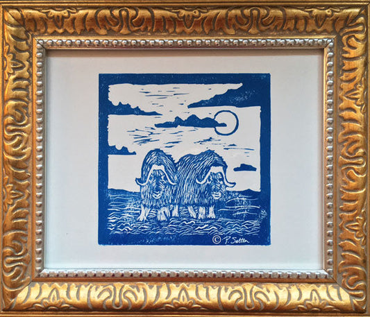 Framed blue Muskox print, carved from an original block and hand-pressed by Pamela Sue. Frame not included with orders.  Available from PamelaSueArtandDesigns.com - Alaska.
